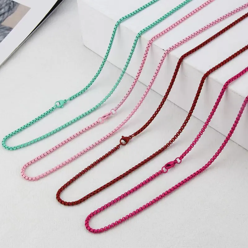 Colorful Box Chain Necklace Stainless Steel Plated Minimalist Dopamine Jewelry For Women Fashion Commute DIY
