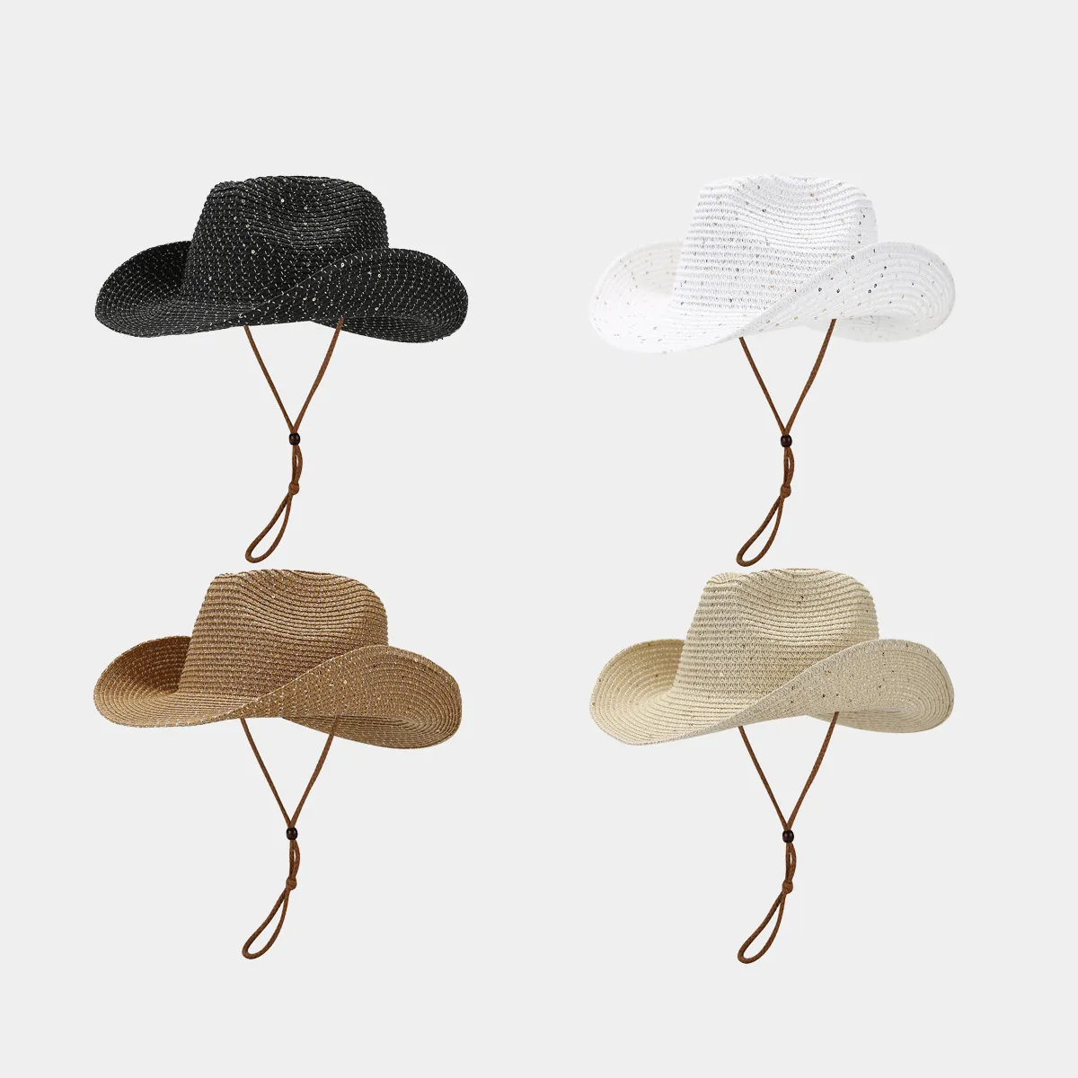 Women Straw Cowboy Hat Sequin Woven Western Style Sun Protection Foldable With Adjustable Wind Rope Elegant Beach