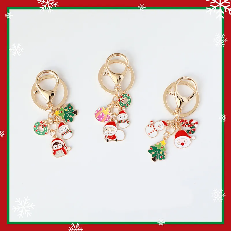 Cute Christmas Metal Keychain Alloy Enamel Santa Claus Snowman Christmas Tree Pendant Key Chain For Women Bag Charms Gift