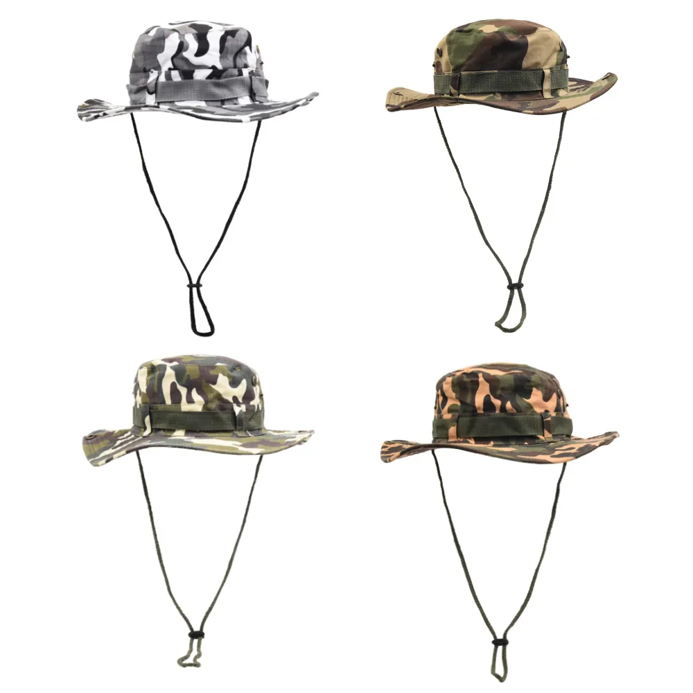 Outdoor Camouflage Boonie Hat Men Women Sun Protection Wide Brim Bucket Hat With Breathable Holes Adjustable Windproof Rope For Climbing Fishing