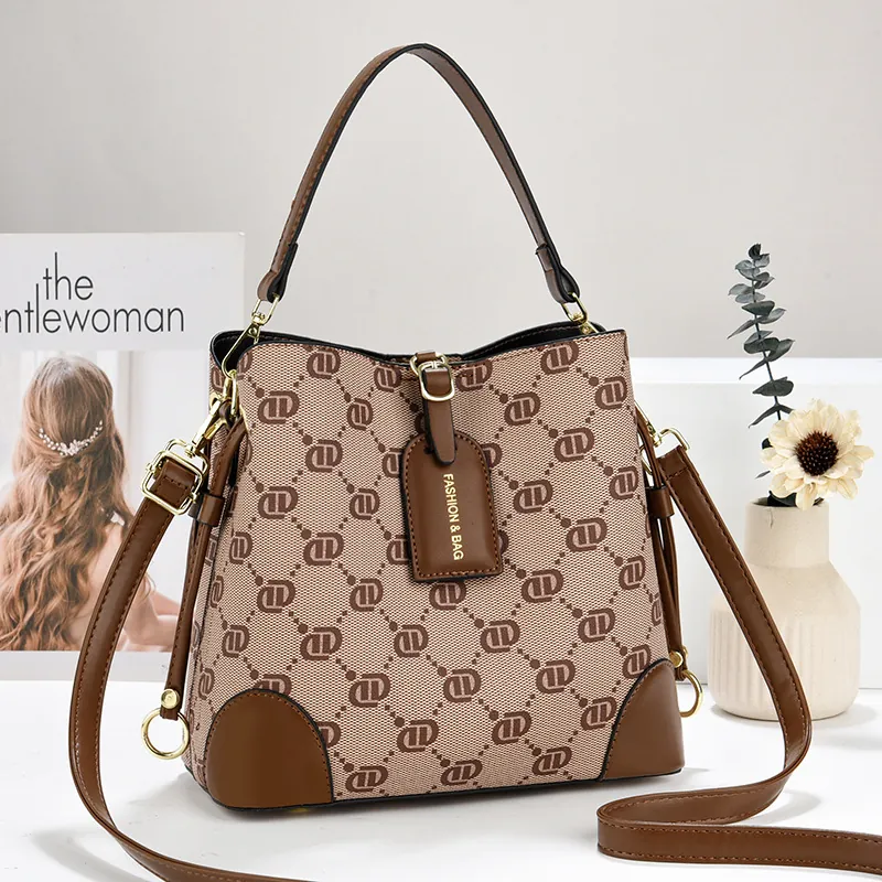 Vintage Monogram Bucket Bag Women PU Leather Canvas Patchwork Handbag With Adjustable Wide Strap Retro Fashion Shoulder Bag