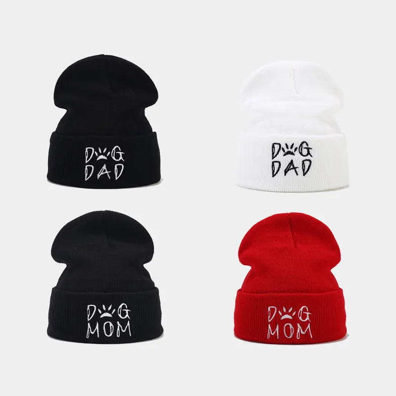 Strickmütze Beanie Acryl Winter Warm Outdoor Sport Dog Mom Dad Stickerei Pfotenabdruck Muster Für Herren Damen