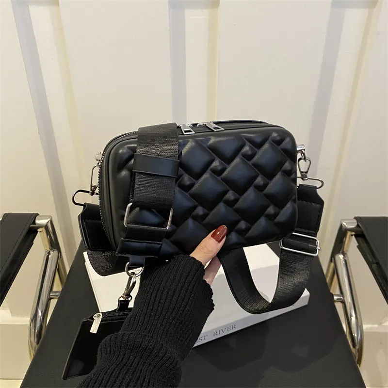 Women Quilted Crossbody Bag Padded Woven Square Shoulder Bag With Detachable Mini Pouch Wide Strap Solid Black Casual