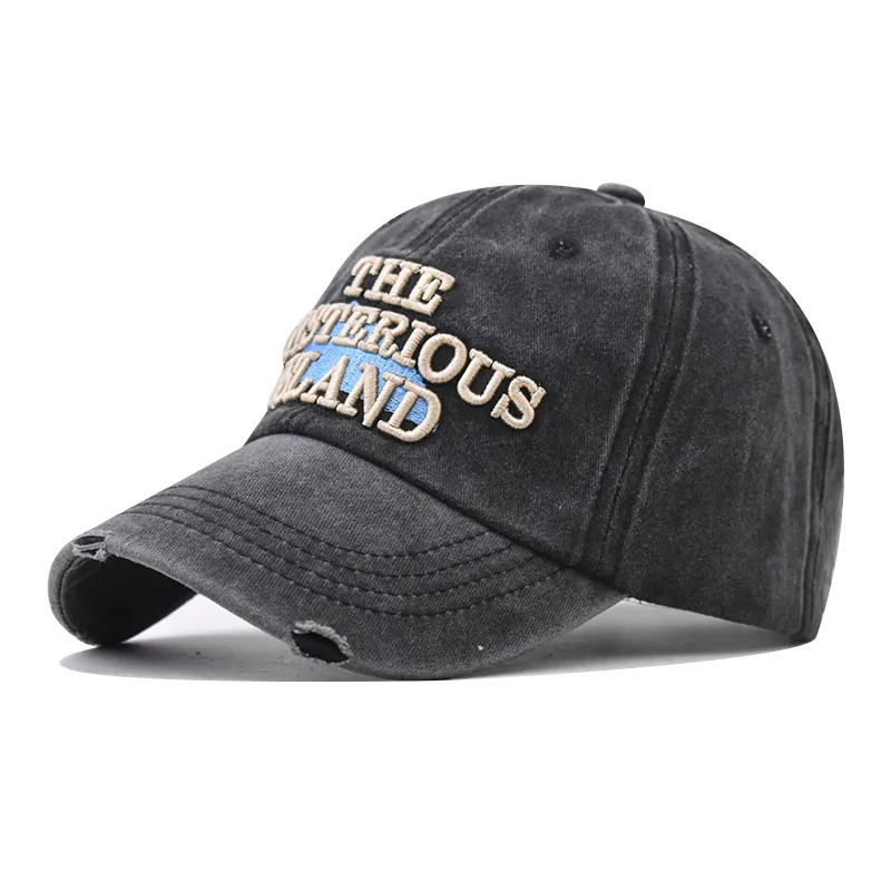 Washed Cotton Baseball Cap Retro Distressed Ripped Brim 3D Mysterious Island Letter Embroidery Adjustable Vintage Hat