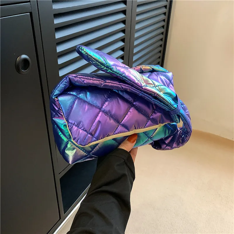 Quilted Crossbody Bag Iridescent Holographic Diamond Pattern Small Square Shoulder Bag Women Trend Casual Simple