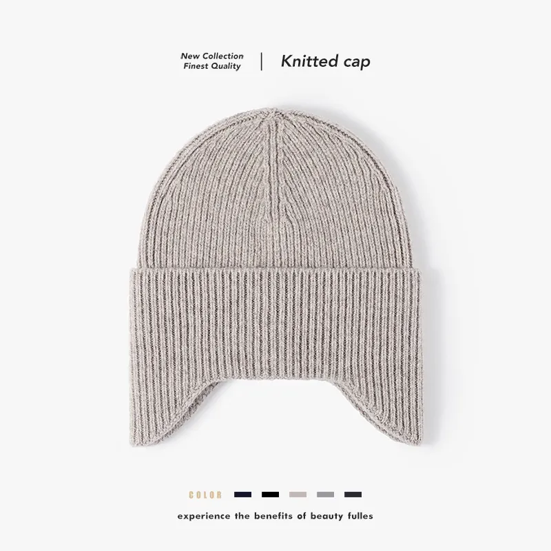 Women Men Winter Wool Knit Beanie Earflap Hat Thick Warm Skull Cap Outdoor Soft Ribbed Rib-Knit Ear Protection Cap