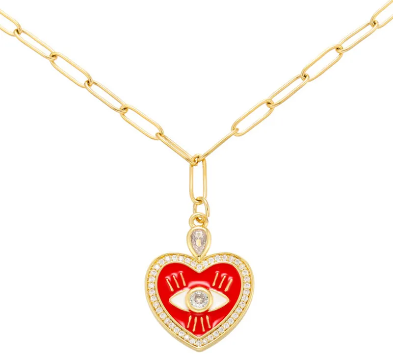 Evil Eye Herz Anhänger Halskette Kupfer Zirkon Emaille Büroklammer Kette Schmuck Für Damen