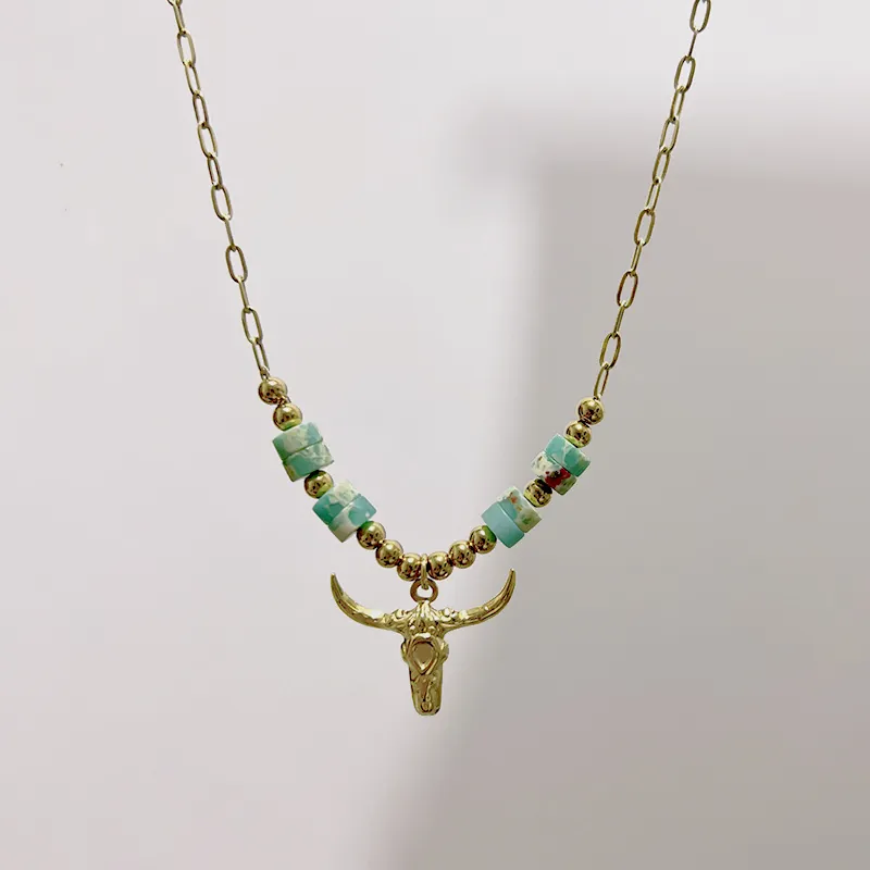 Bohemian Stainless Steel Bull Skull Pendant Necklace For Women Natural Stone Beaded Ethnic Western Fashion Jewelry Gift