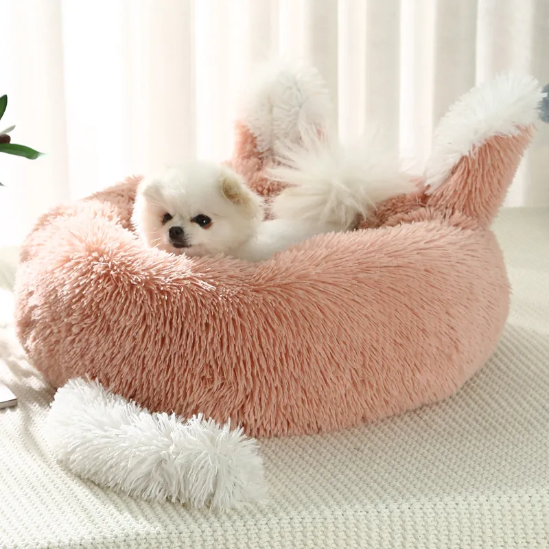 Plush Round Pet Bed For Dogs And Cats Winter Warm Donut Nest With Cute Animal Ears And Tail Non Slip Breathable