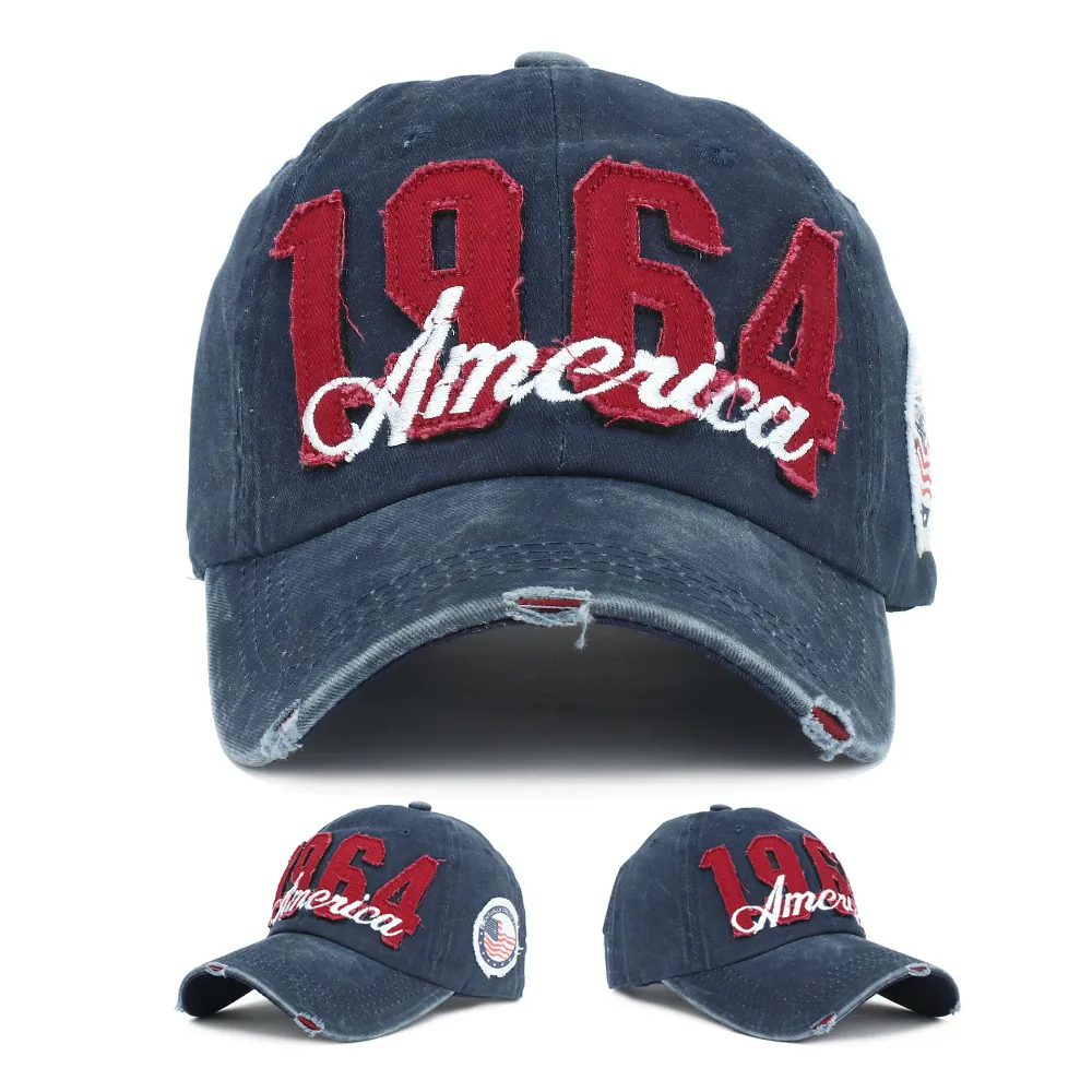 Casquette De Baseball En Coton Lavé Vintage Distressed America 1964 Broderie Patch Chapeau Soleil Rétro Réglable