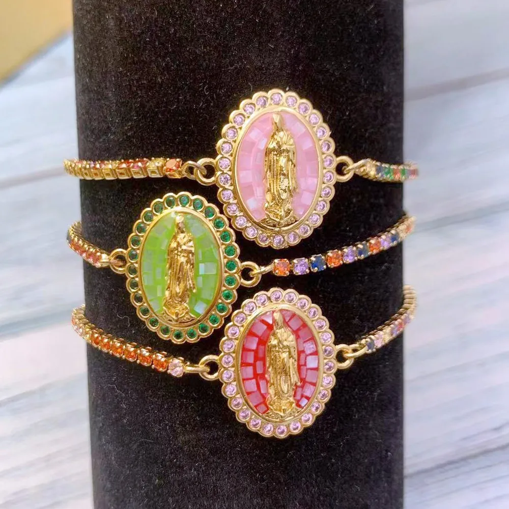 Virgin Mary Guadalupe Bracelet 18K Gold Plated Brass Colorful Zircon Adjustable Slider Chain Vintage Religious Jewelry