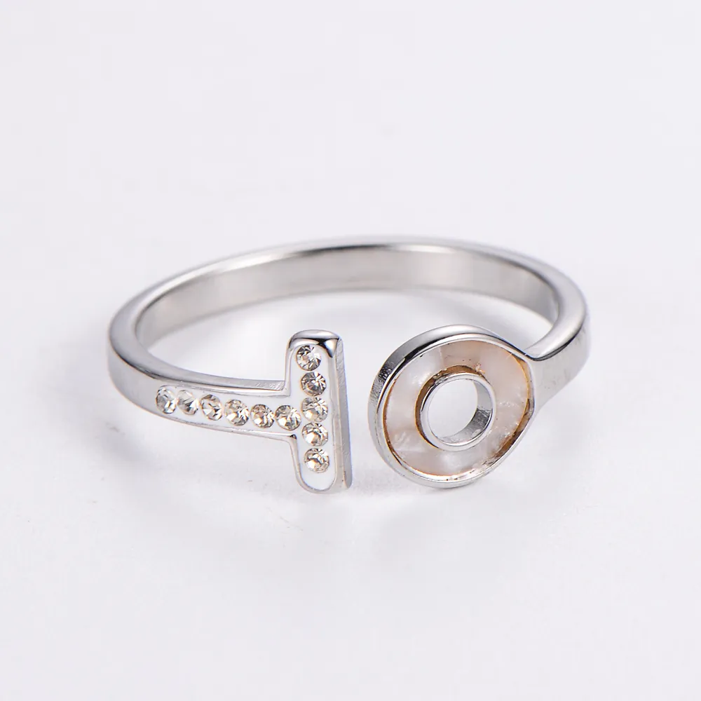 Stainless Steel Ring With Mother Of Artificial Pearl And Cubic Zirconia Open Adjustable Letter T O Design Fashion Jewelry For Women