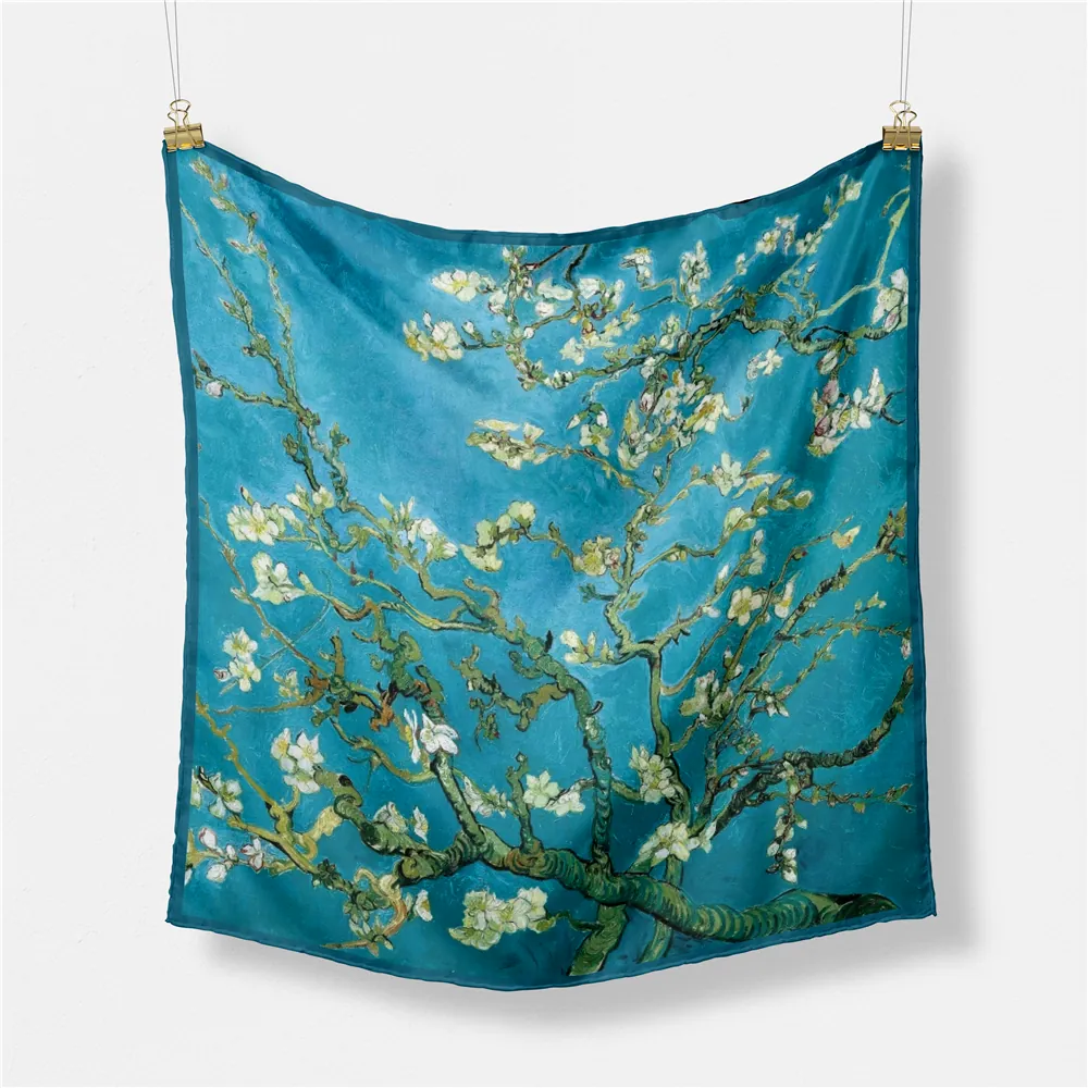 Women Artistic Satin Square Scarf Van Gogh Almond Blossoms Oil Painting Print Silk Like Neck Scarf Fashion Head Wrap