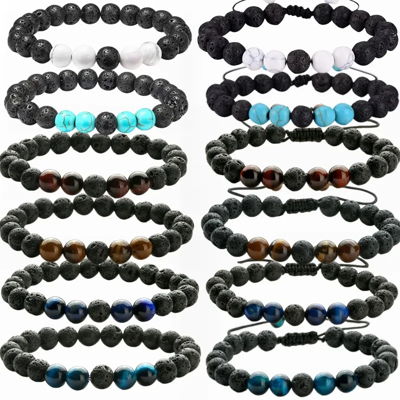 Natural Lava Stone Tiger Eye Beaded Bracelet Adjustable Braided Rope Energy Yoga Healing Jewelry For Men Women