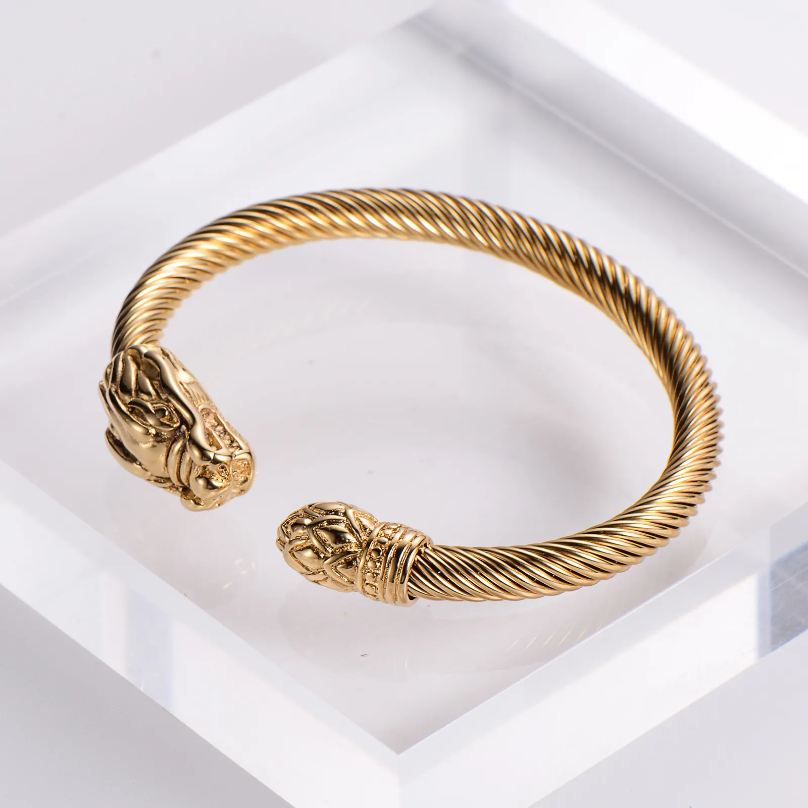 Stainless Steel Open Cuff Bracelet 18K Gold Plated Twisted Cable Wire Dragon Head Punk Bangle Jewelry For Men Women
