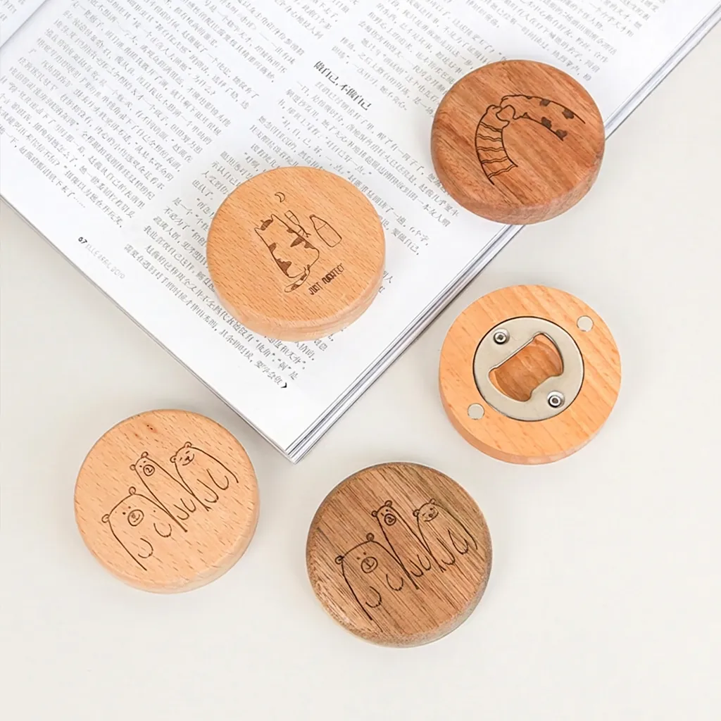 Wooden Bottle Opener Magnetic Fridge Sticker Circular Wood Stainless Steel Animal Engraved Portable Beer Opener