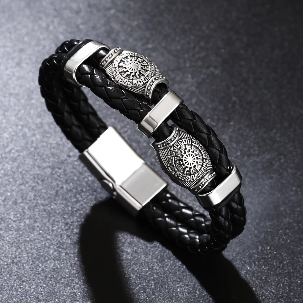 Bracelet En Cuir Tressé Pour Hommes Charme Métallique Viking Roue Solaire Style Punk Vintage Bijoux Fermoir Magnétique