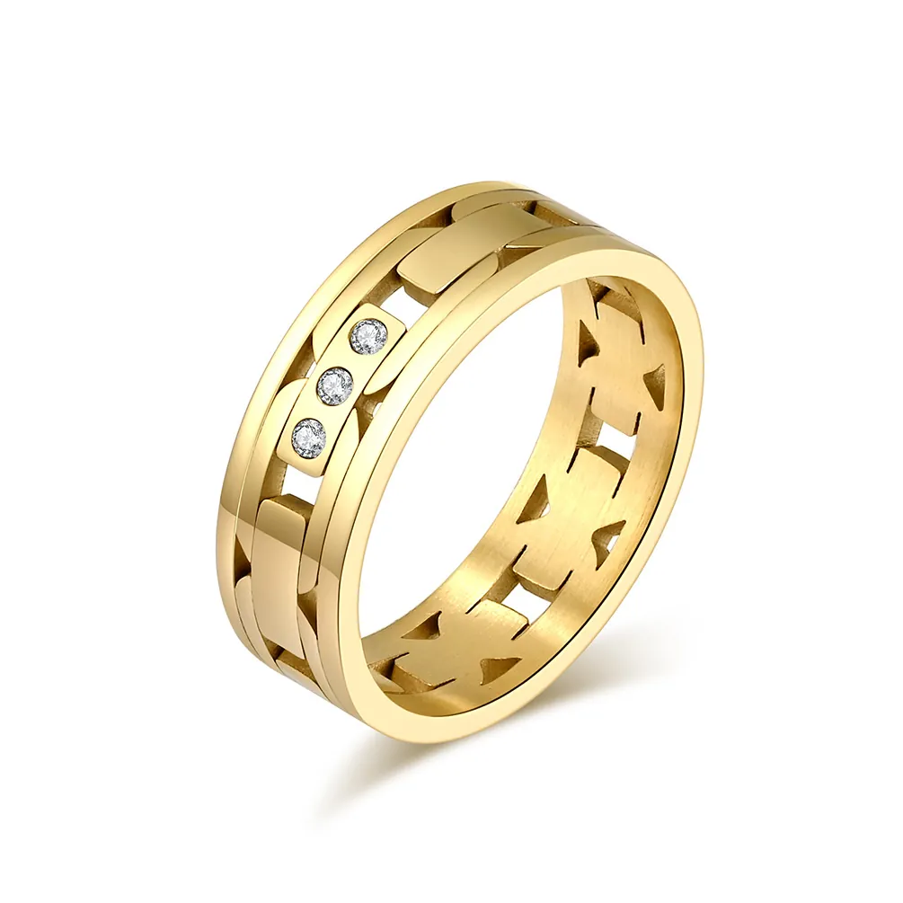Minimalist Stainless Steel Hollow Chain Ring For Men Women Unisex Rhinestone Inlaid Geometric Polished Fashion Jewelry