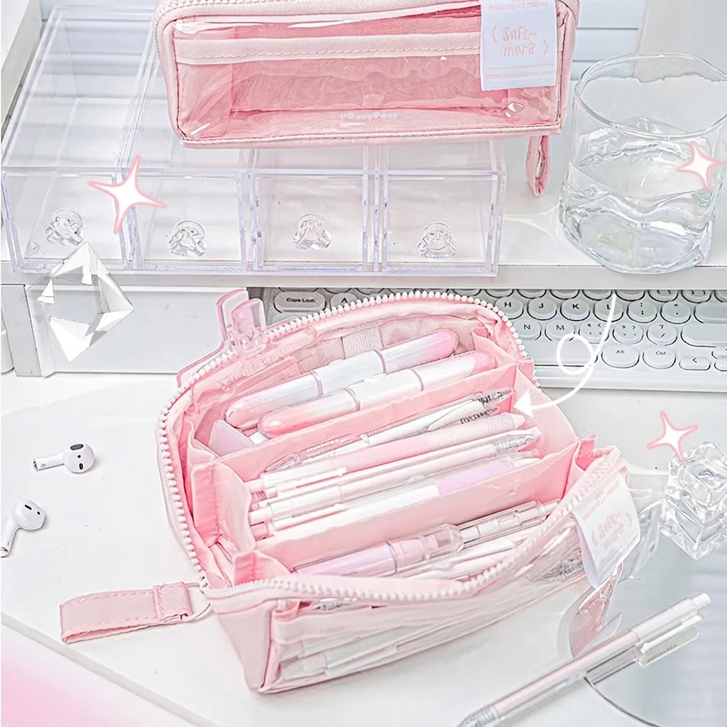 Large Capacity Pencil Case Canvas PU Leather Korean Aesthetic Stationery Pouch Multi Layer Storage For Students School Office