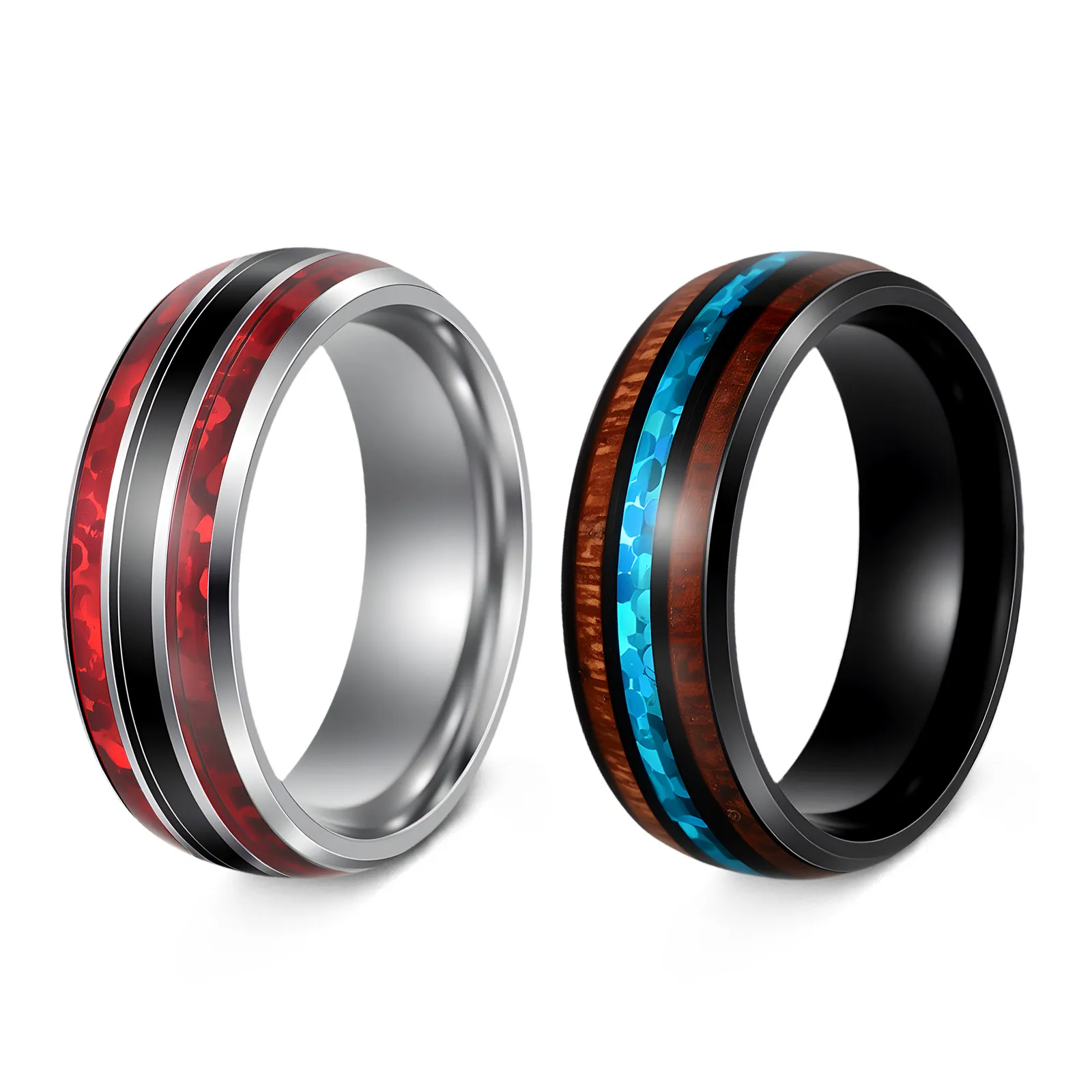 304 Stainless Steel Ring With Koa Wood And Imitation Opal Inlay Polished Band For Men Unisex Natural Style