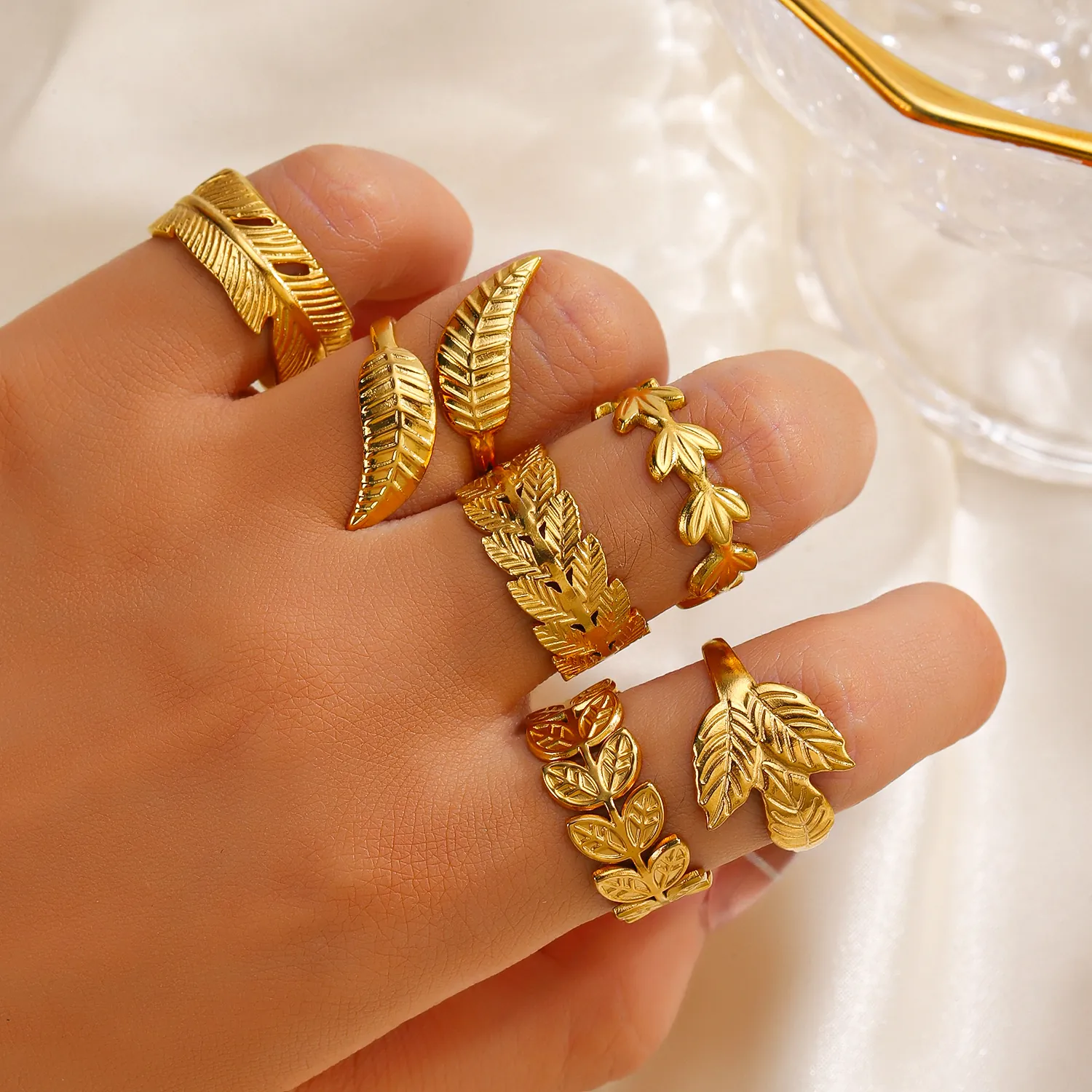 Leaf Opening Ring 18K Gold Plated Stainless Steel Adjustable Retro Feather Jewelry For Women