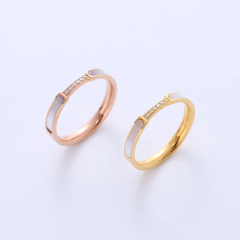 Minimalist 316L Stainless Steel Ring With Mother Of Artificial Pearl Shell And Rhinestone Inlay Rose Gold Plated Fashion Jewelry For Women