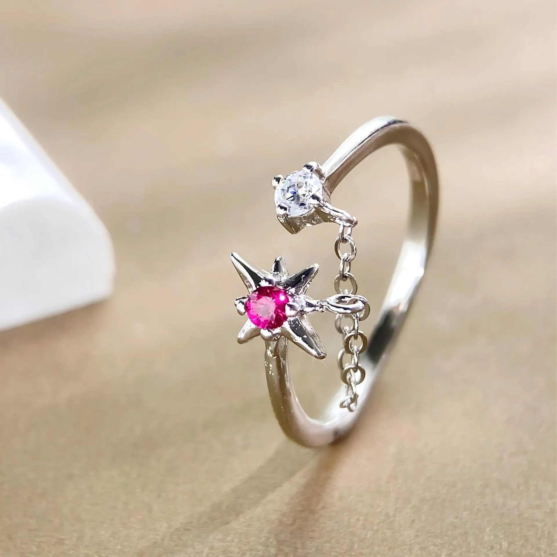 Anillo De Plata De Ley 925 Estrella De Cuatro Puntas Circonita Rosa Clara Cadena Ajustable Diseño Abierto Joyería Para Mujer