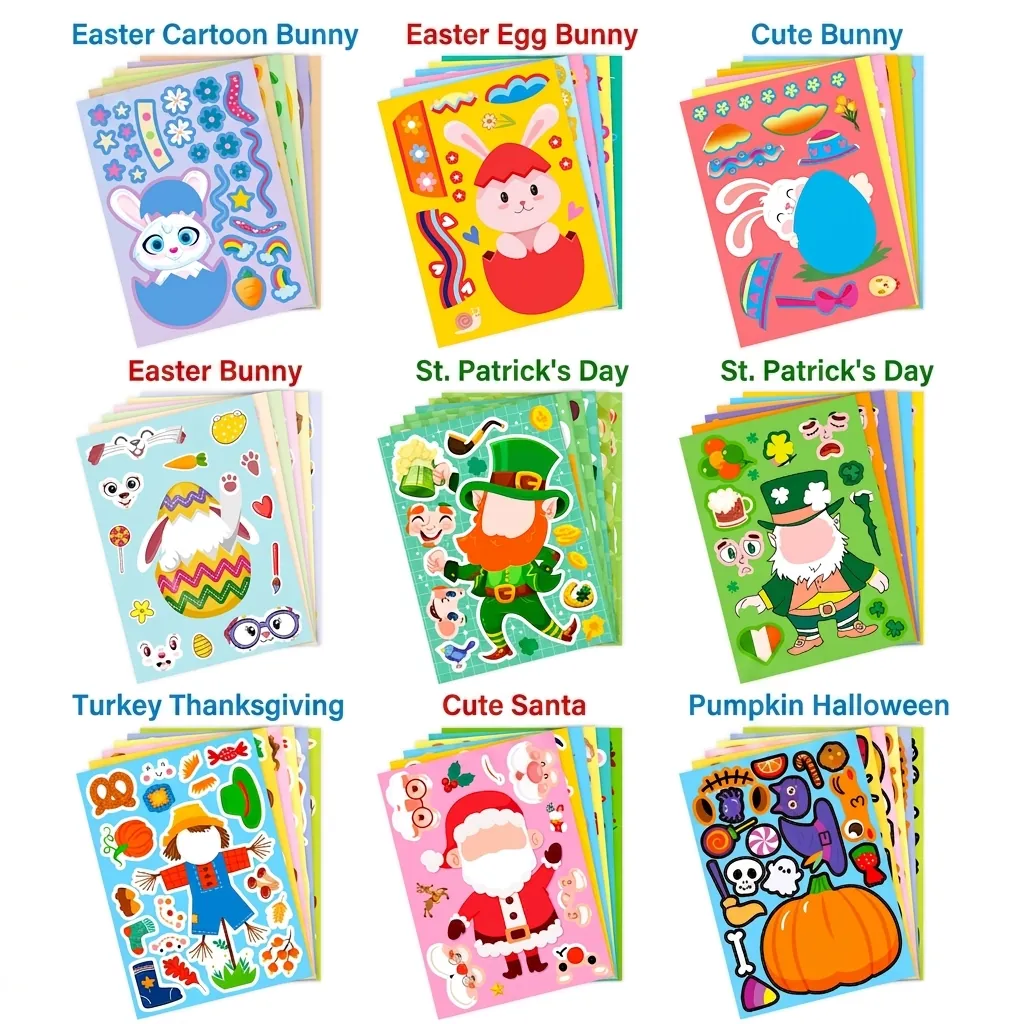 Holiday Theme Make A Face Sticker Sheets DIY Puzzle Game For Kids Easter Christmas Halloween Creative Craft Activity