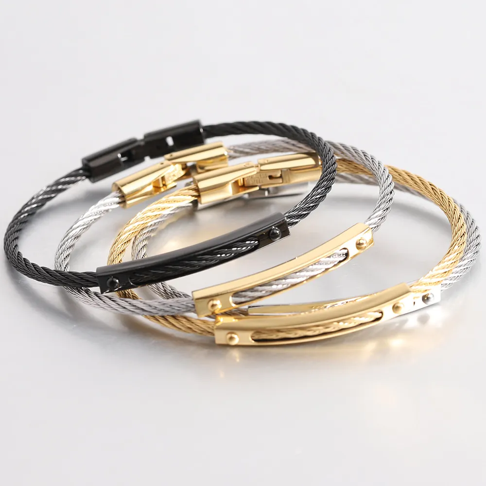 Edelstahl Kabeldraht Armreif Industrieller Geflochtener Seil Armband Polierte Metallplatte Nieten Mechanischer Verschluss Unisex