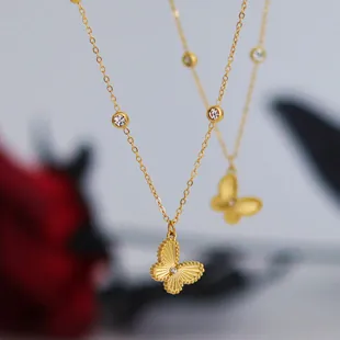 Butterfly Pendant Necklace Bracelet Titanium Steel Rhinestone Radiant Texture Elegant Jewelry For Women Gold Color