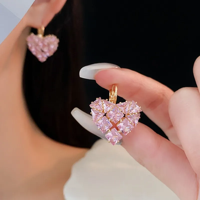 Boucles D'Oreilles Créoles En Forme De Cœur Cuivre Zircone Cubique Élégantes Clips D'Oreilles Géométriques Pour Femmes