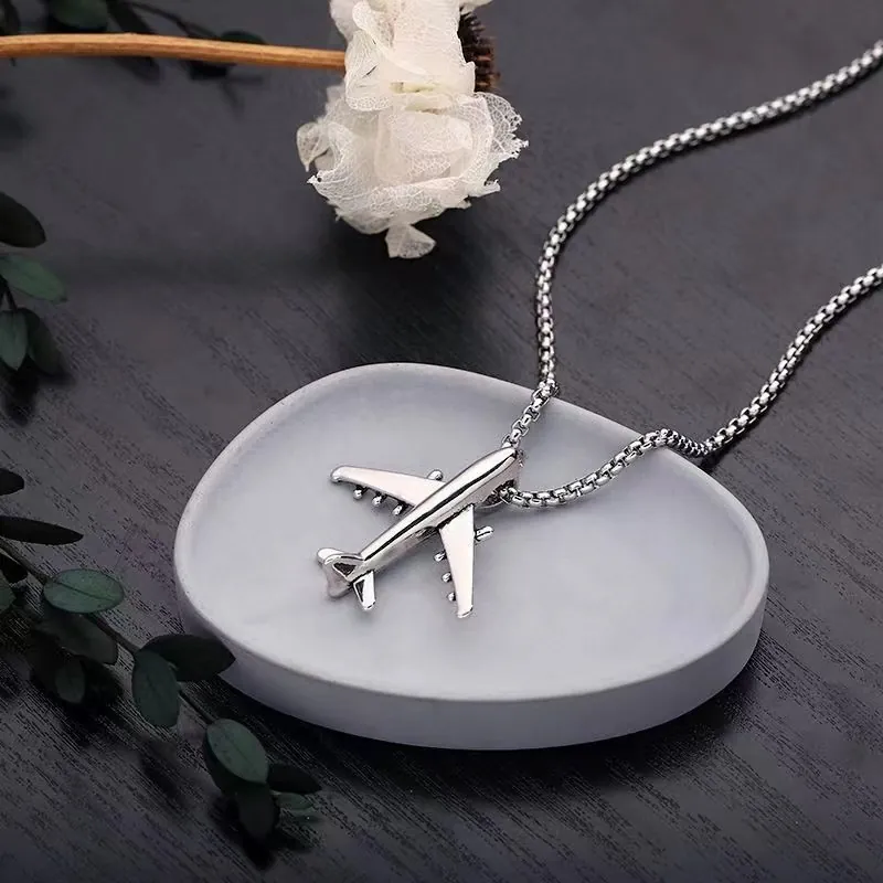 Hiphop Airplane Pendant Necklace Silver Tone Titanium Steel Alloy Jewelry For Men Boys