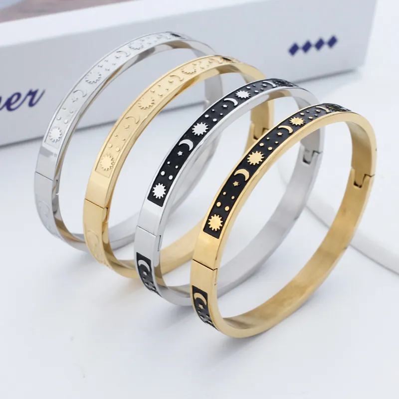 Stainless Steel Bangle Celestial Sun Moon Star Enamel Vintage Hinge Clasp Bracelet For Women