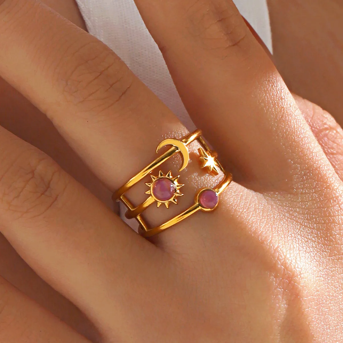 Celestial Sun Moon Star Adjustable Open Ring Stainless Steel With Resin Gemstone Bohemian Vintage Gold Plated Jewelry