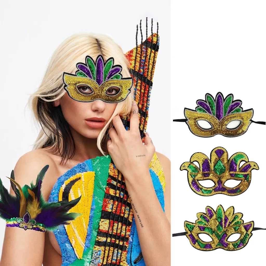 Masques À Paillettes Et Bandeaux À Plumes De Mardi Gras Violet Vert Or Accessoires De Costume De Fête Et De Carnaval