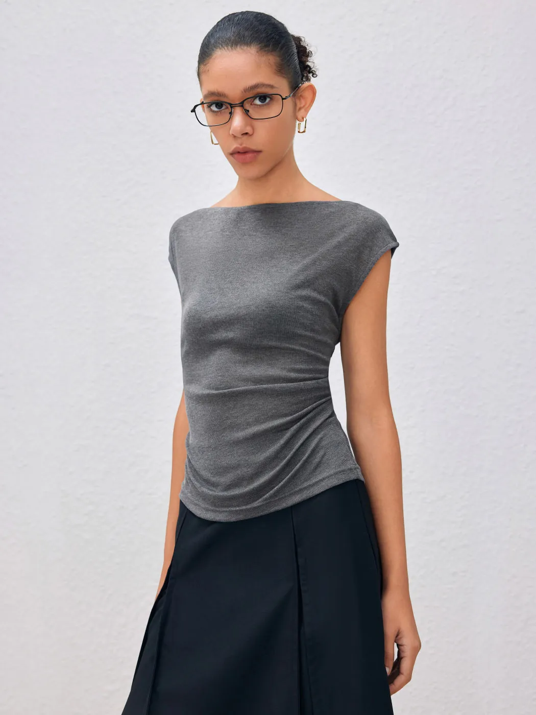Women T-Shirt Cotton Elastane Ribbed Slim Fit Large Round Neck Side Ruched Solid Color Casual Commute Elegant Top