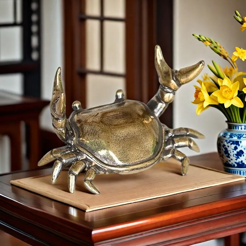 Brass Weightlifting Crab Ornament Vintage Metal Desk Figurine Creative Tea Pet Pen Rest Office Decoration