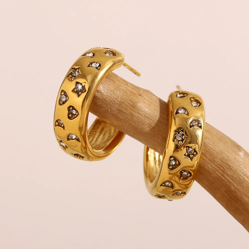 Geometric C Shaped Hoop Earrings Stainless Steel 18K Gold Plated Zircon Inlaid Star Moon Hollow For Women