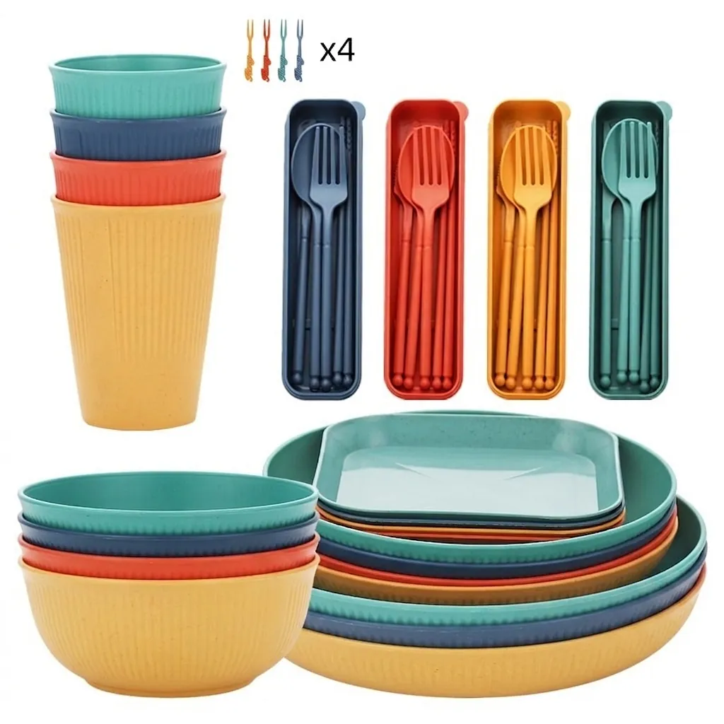Wheat Straw Dinnerware Collection Bowls Plates Cups Utensils Cutlery Portable Box Reusable Eco Friendly Lightweight