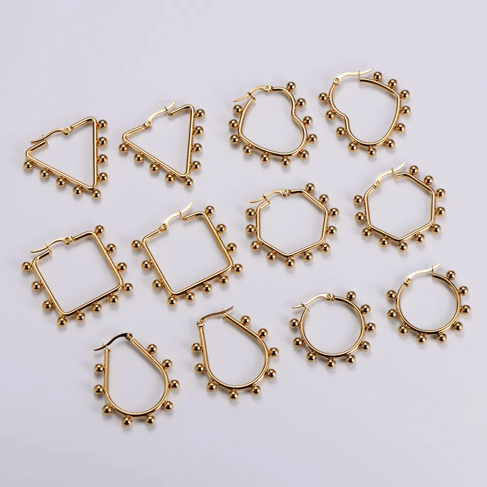 Minimalist Geometric Earrings Stainless Steel With Small Beads Triangle Heart Square Round For Women Gold Plated