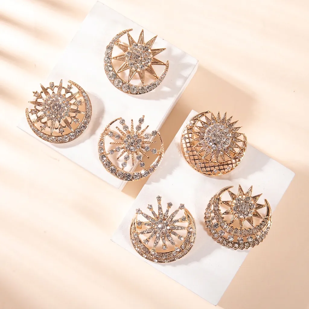 Elegant Alloy Rhinestone Sun Moon Star Brooch Vintage Hollow Out Celestial Jewelry For Women