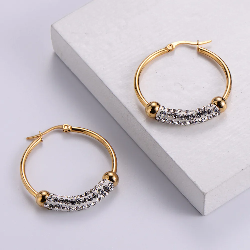 Hoop Earrings 316L Stainless Steel 18K Gold Plated Pave Zircon Rhinestone High End Minimalist For Women