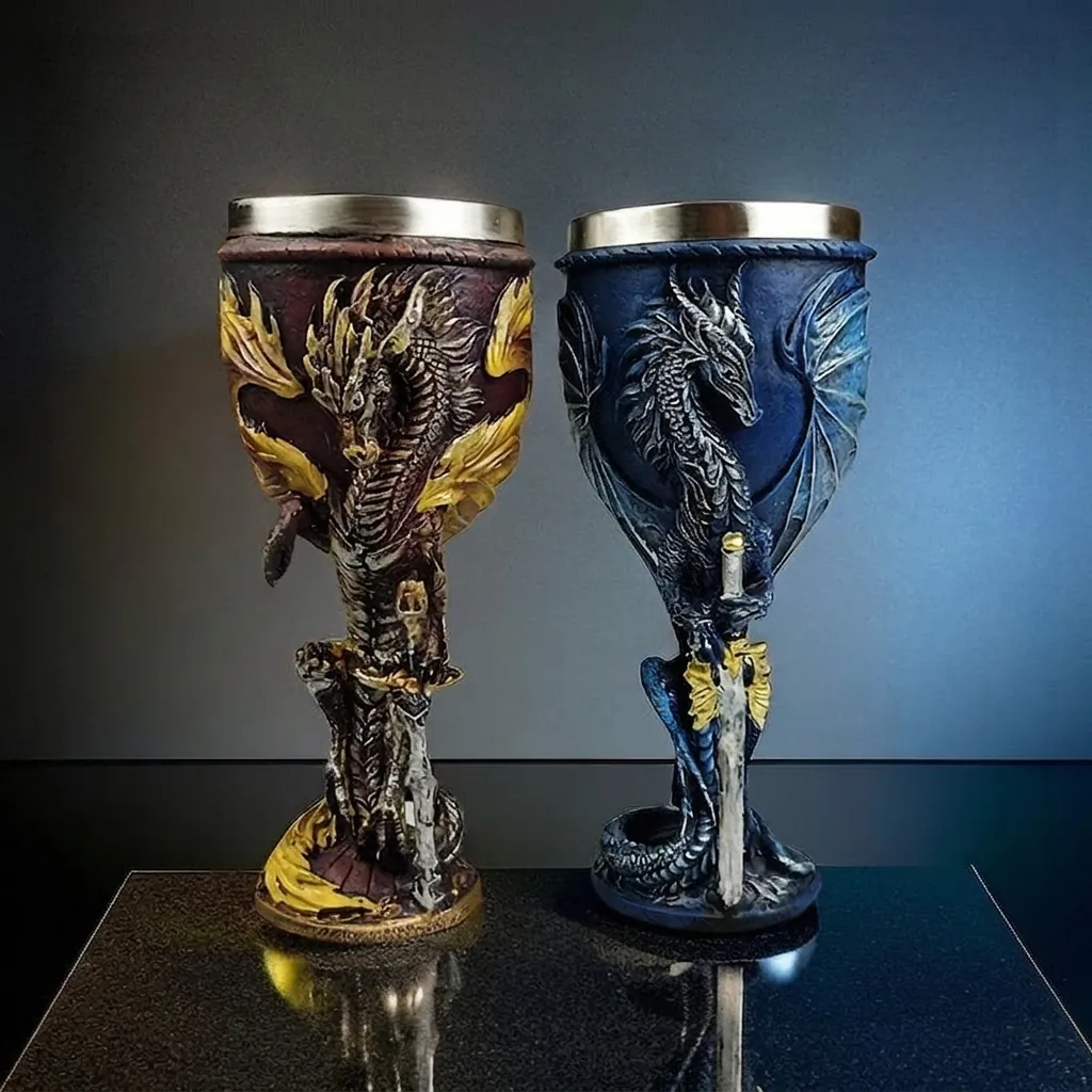 Dragon Sword Goblet Medieval Fantasy Gothic Wine Glass Stainless Steel Liner Resin Chalice For Bar Party Decor Gift