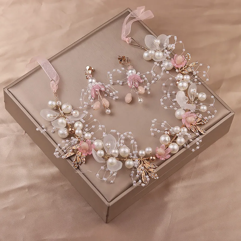 Blumenkrone Stirnband Clip Ohrringe Handgelenk Corsage Legierung Kunstperle Floral Hochzeit Haarschmuck Mädchen