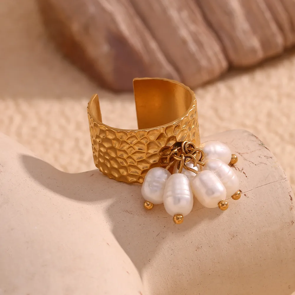 Hammered Texture Open Ring Stainless Steel 18K Gold Plated With Artificial Pearl Tassels Vintage Jewelry For Women