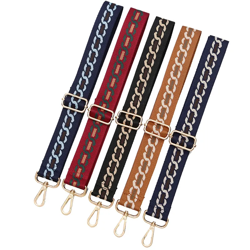 Replacement Shoulder Bag Strap Adjustable Woven Jacquard Crossbody Purse Belt Geometric Chain Pattern Metal Swivel Clips