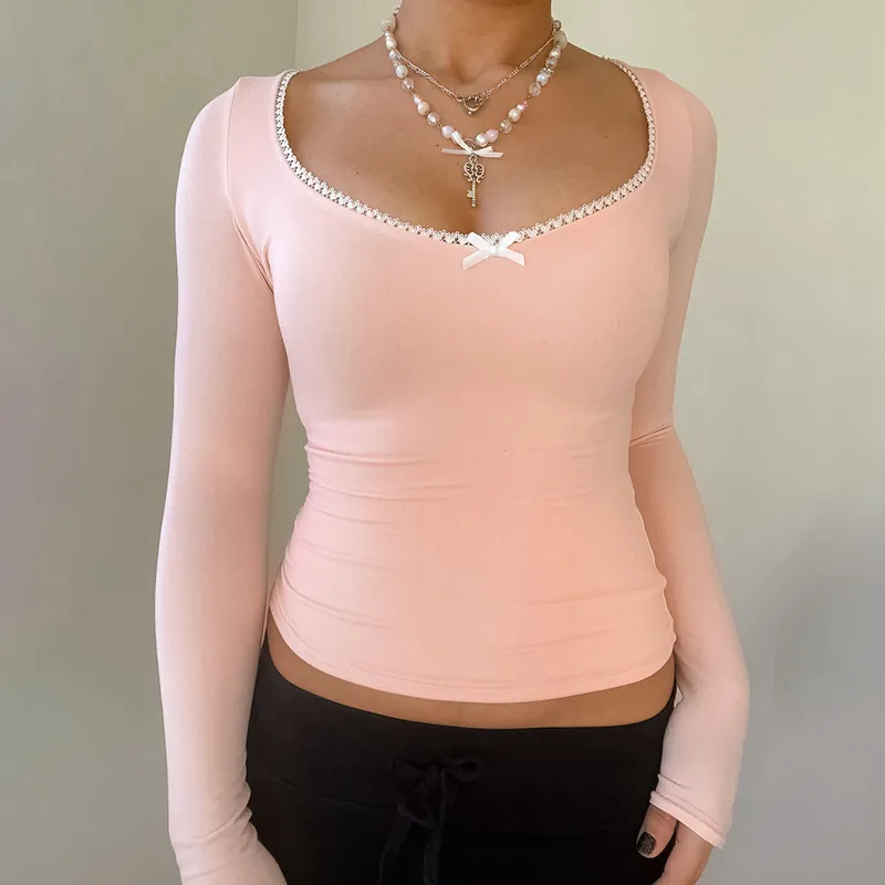 Women Long Sleeve Slim Fit T-Shirt Lace Trim Bowknot Square Neck Polyester Spandex Casual Base Top