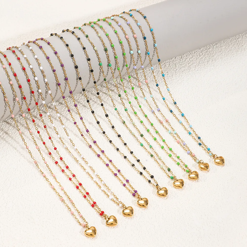 Collier Pendentif Coeur Acier Inoxydable Plaqué Or Avec Petites Perles Colorées Chaîne Clavicule Minimaliste Pour Femmes