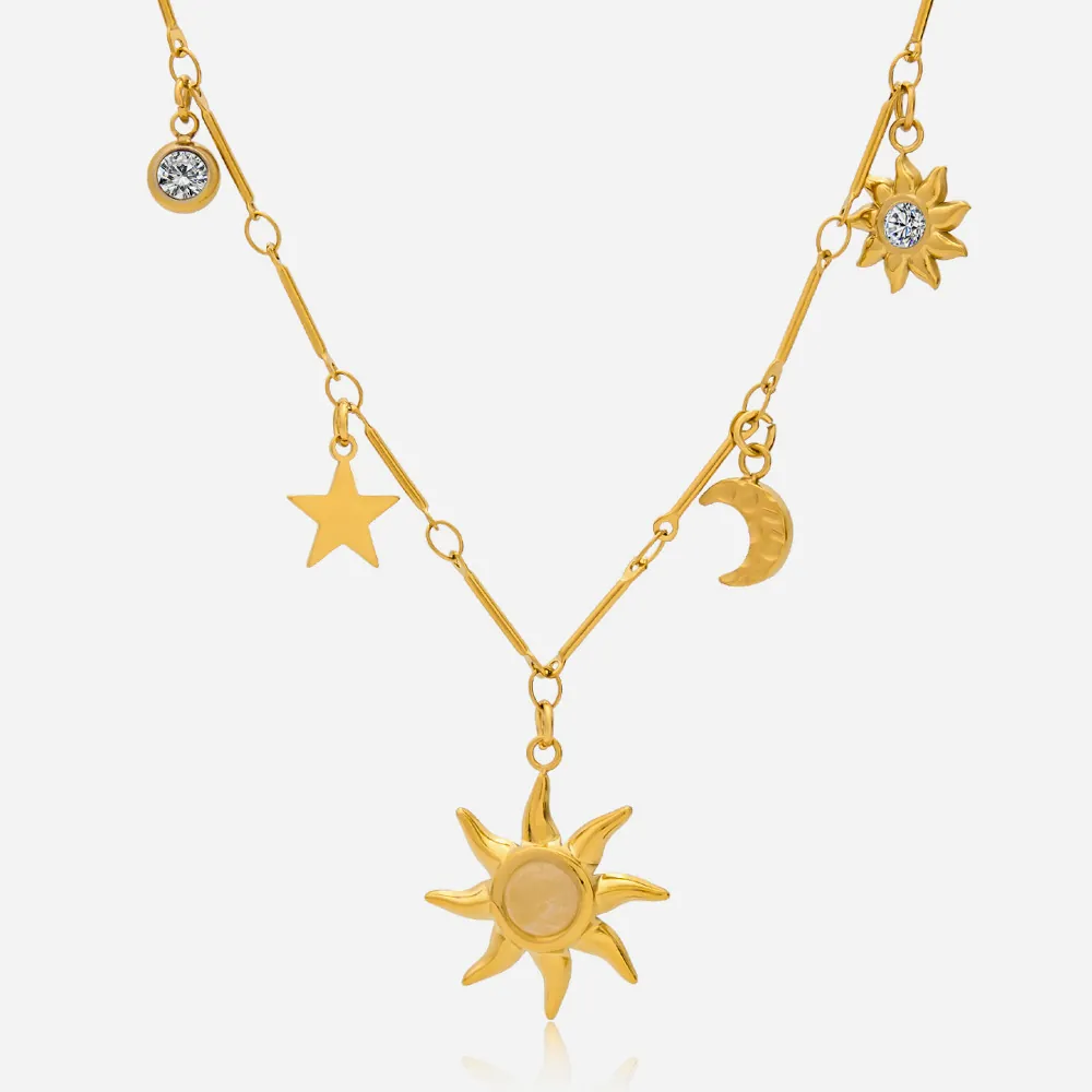 Collana Con Ciondolo Sole Luna Stella Acciaio Inossidabile Placcato Oro 18K Con Opale Gioielli Celesti Per Donna