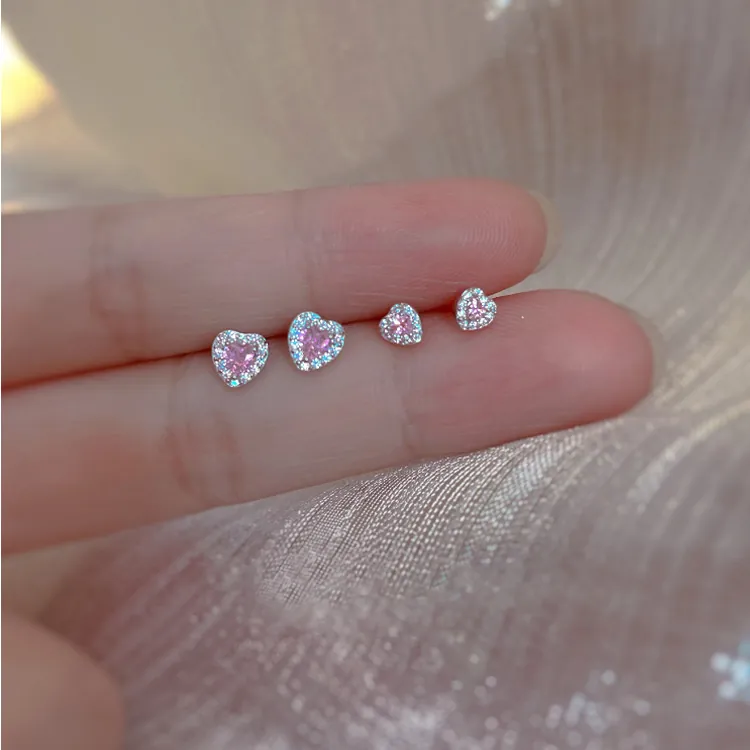 Heart Stud Earrings Pink Zircon White Halo S999 Sterling Silver Sweet Romantic Jewelry For Women Gift